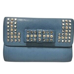Miu Miu Miu Madras Crystal 5M1225 Blue Leather Women's Studded Ribbon L-shaped